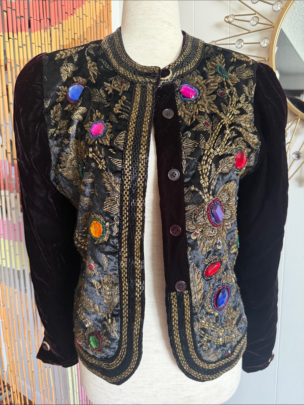 Vintage Black Velvet Jacket with Gold Embroidery and Multicolored Gems